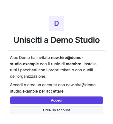 La pagina dell’invito: Unisciti a Demo Studio, con Accedi e Crea un account.