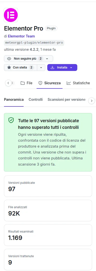 La scheda Sicurezza di un pacchetto: la panoramica delle versioni pubblicate e l’elenco dei controlli.