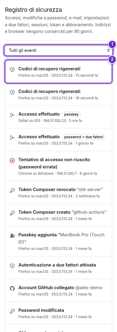 Impostazioni → Registro di sicurezza: il filtro degli eventi e l’elenco degli eventi con metodo, browser, indirizzo e ora.