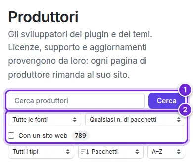 L’elenco dei produttori con la casella di ricerca e i filtri per fonte, numero di pacchetti, sito web e Verificato.