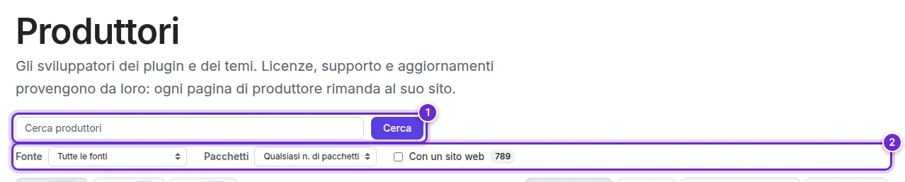 L’elenco dei produttori con la casella di ricerca e i filtri per fonte, numero di pacchetti, sito web e Verificato.