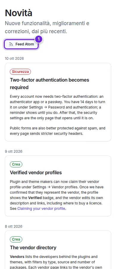 La pagina Novità con le sue voci e il link al feed Atom.