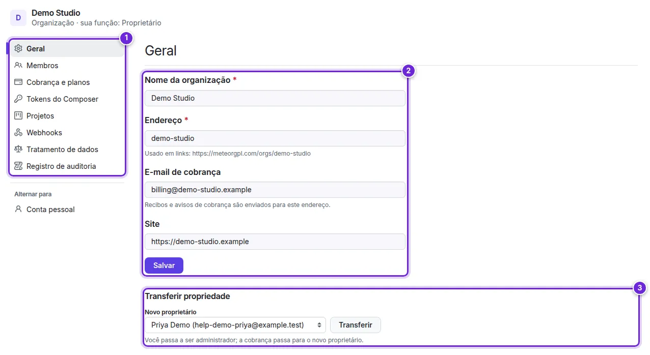 A página Geral da organização: o menu, o formulário de configurações e Transferir propriedade numerados de 1 a 3.