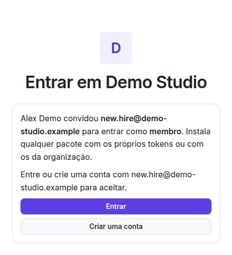 A página do convite: Entrar em Demo Studio, com Entrar e Criar uma conta.