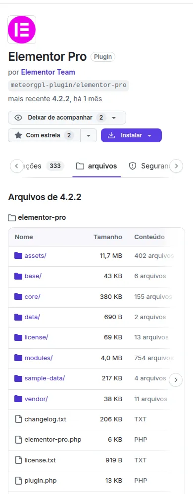 A aba Arquivos: a árvore de pastas da versão mais recente e os painéis laterais com as linguagens e o conteúdo do pacote.