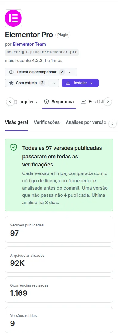 A aba Segurança: a visão geral com o número de versões publicadas e a lista de verificações.